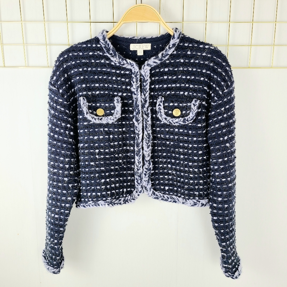 J. Crew Cropped Marled Yarn Navy Blue Merino Wool Alpaca Lady Jacket Blazer - Picture 2 of 13